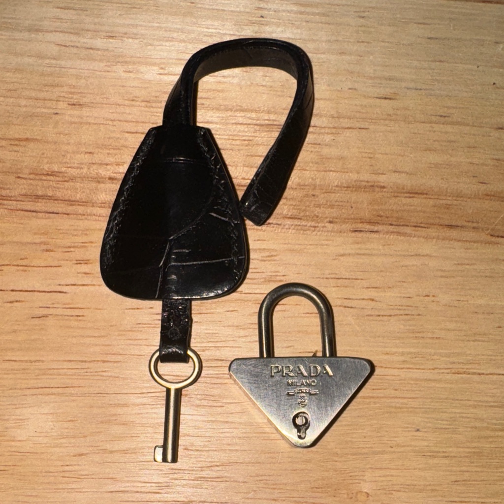 Prada Black Leather Triangle Key Holder With Silver Lock Set Purse Charm